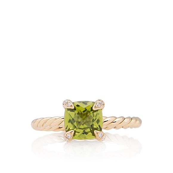 David Yurman 18k Gold Pave Diamond Peridot 7mm Chatelaine Ring - Size 6 1/2 - Picture 1 of 3